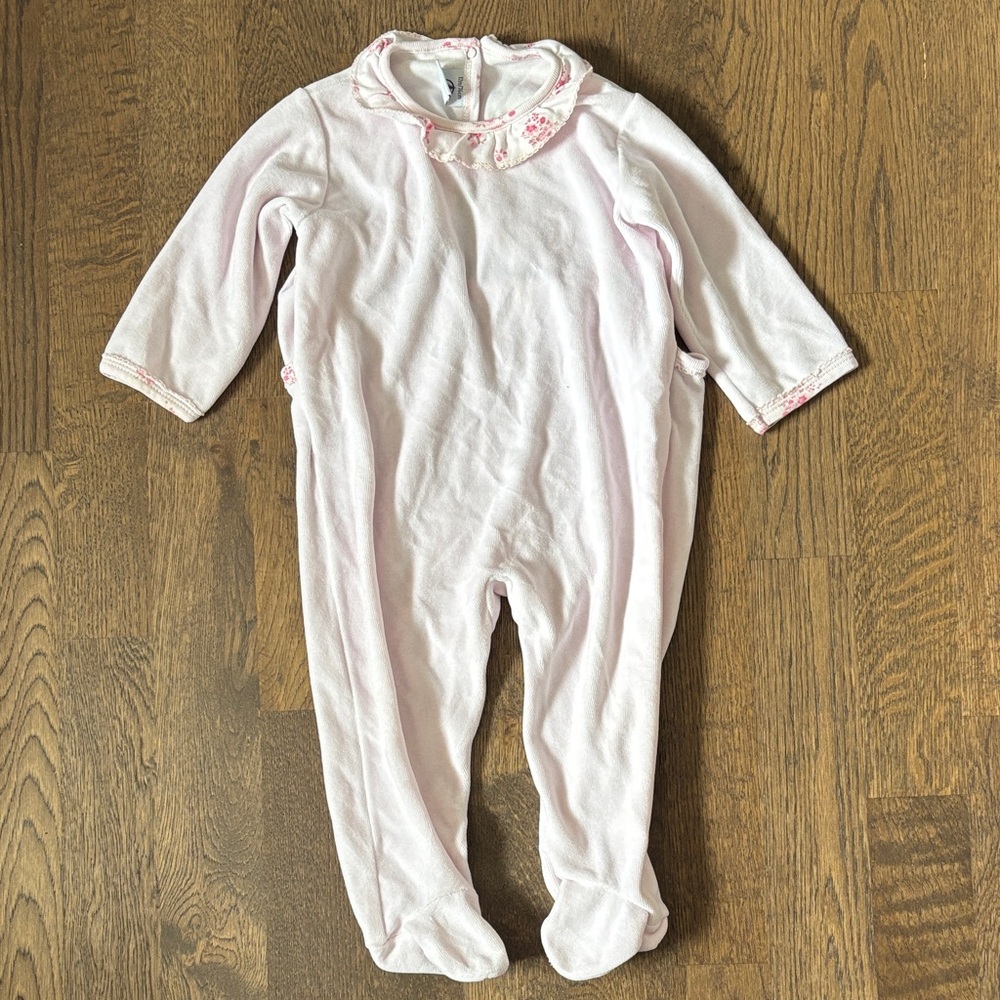 Petit Bateau White Footie with Pink Floral Trim